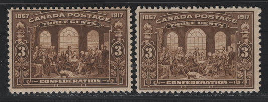 Lot 231 Canada (C) #135 3c Olive Brown - Pale Olive Brown, 1917 50th Anniv of Confederation Issue, 2 FNH Single, ABN-A Papers