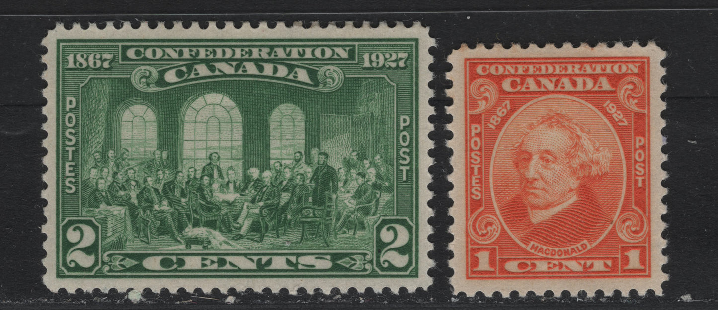 Lot 232 Canada #141-142 1c - 2c Dull Orange - Green , 1927 60th Anniv of Confederation Issue, 2 VFOG Singles, ABN-M & ABN-GGGG Papers