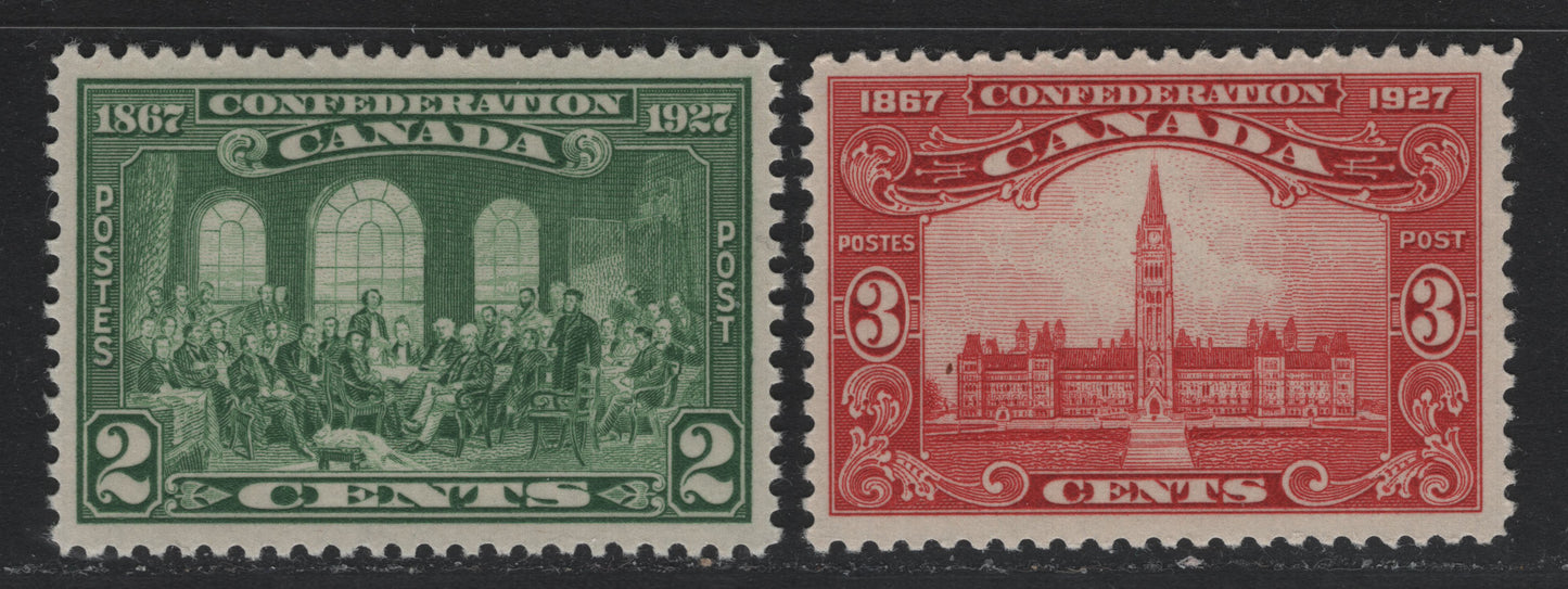 Lot 233 Canada (C) #142-143 2c - 3c Green - Carmien Red , 1927 60th Anniv of Confederation Issue, 2 VF/SUPNH Singles, ABN-M Paper, Small Gum Blemish On 2c, Though Both Are NH.