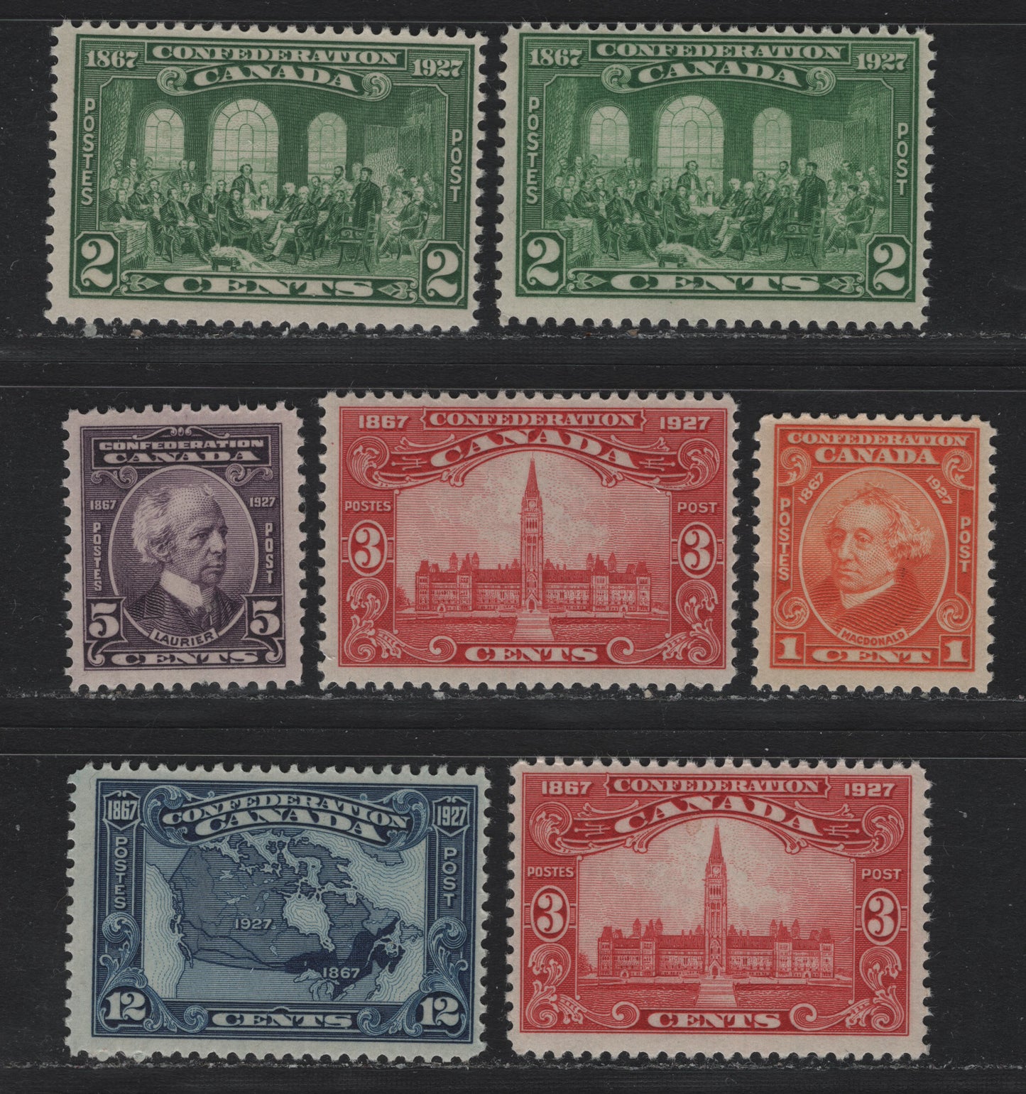 Lot 238 Canada #141-145 1c - 12c Dull Orange - Dark Bright Blue , 1927 60th Anniv of Confederation Issue, 7 FNH Singles, Full Mint NH Set, Includes 2 Slightly Different Shades Of 2c & 3c], One 2c Is Lightly Hinged, Rest Are NH.