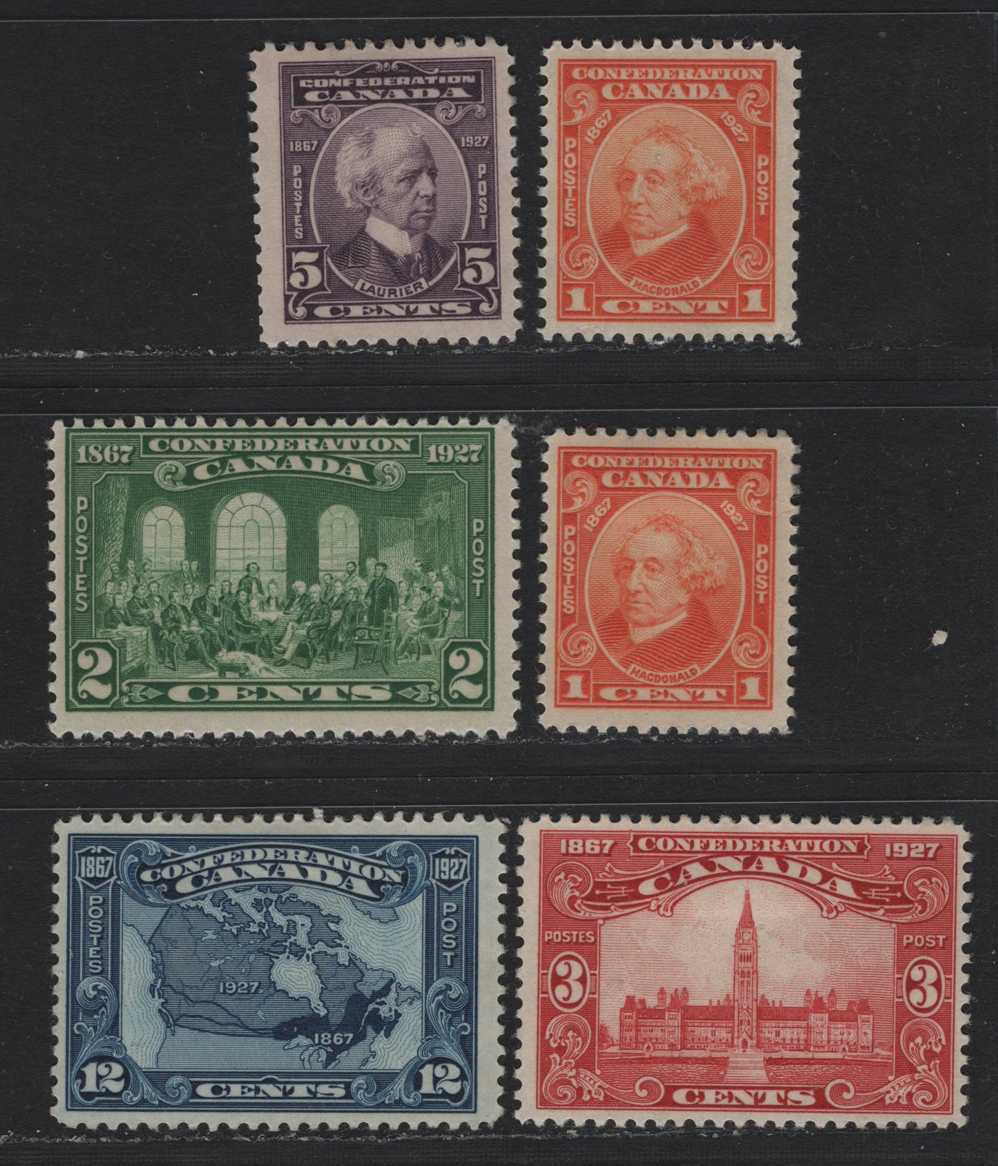 Lot 239 Canada #141-145 1c - 12c Dull Orange - Dark Bright Blue , 1927 60th Anniv of Confederation Issue, 6 FOG Singles, Complete Mint OG Set On Unchecked Paper Types, Includes 2 1c Stamps In Very Slightly Different Shades