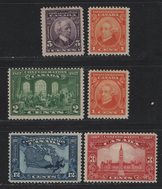 Lot 239 Canada #141-145 1c - 12c Dull Orange - Dark Bright Blue , 1927 60th Anniv of Confederation Issue, 6 FOG Singles, Complete Mint OG Set On Unchecked Paper Types, Includes 2 1c Stamps In Very Slightly Different Shades