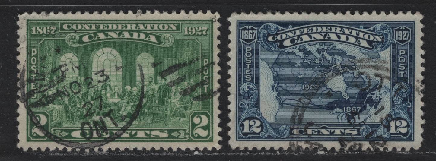 Lot 240 Canada #142, 145 2c - 12c Green - Dark Bright Blue , 1927 60th Anniv of Confederation Issue, 2 Very Fine Used Singles, Large Margins, Unchecked As To Specific Paper Types