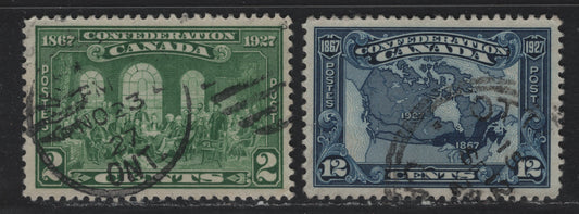 Lot 240 Canada #142, 145 2c - 12c Green - Dark Bright Blue , 1927 60th Anniv of Confederation Issue, 2 Very Fine Used Singles, Large Margins, Unchecked As To Specific Paper Types