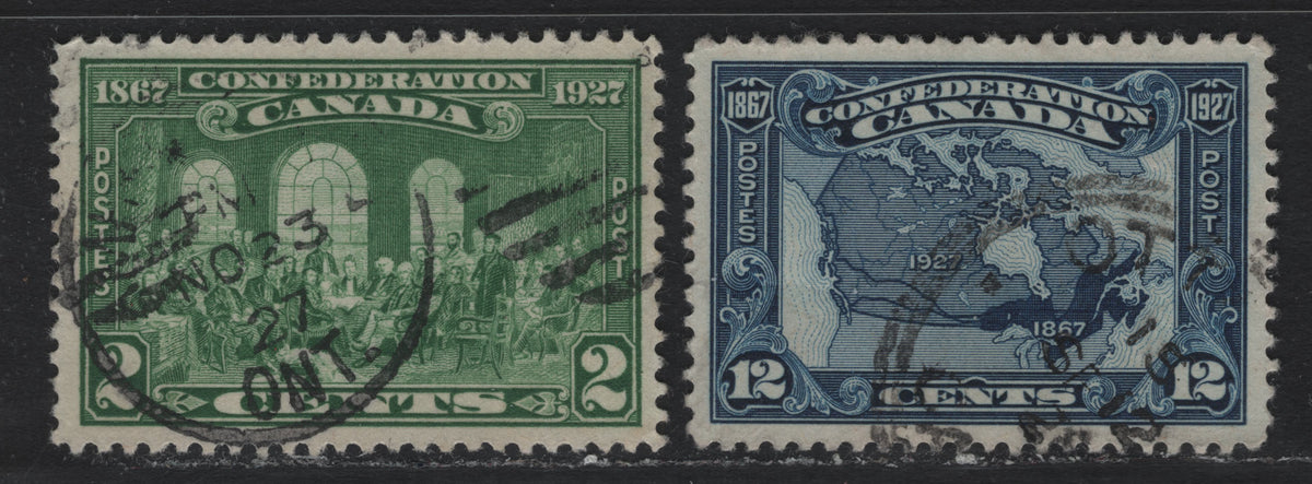 Lot 83 Canada #142, 145 2c - 12c Green - Dark Bright Blue , 1927 60th Anniv of Confederation Issue, 2 Very Fine Used Singles, Large Margins, Unchecked As To Specific Paper Types