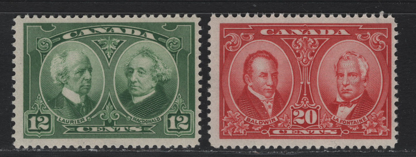 Lot 243 Canada #147-148 12c - 20c Green - Bright Carmine Red , 1927 Historical Issue, 2 FOG Singles, Unchecked As To Specific Paper Types
