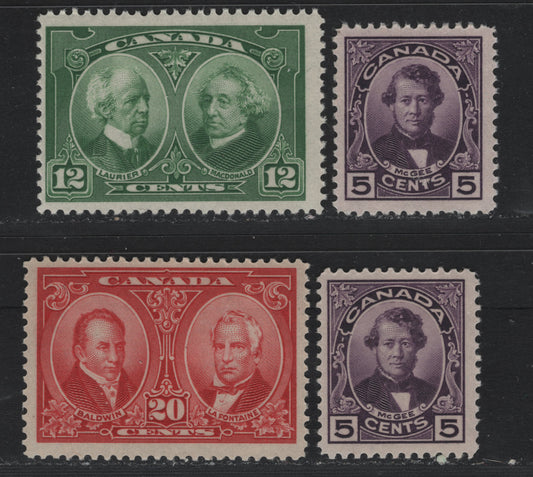 Lot 246 Canada #146-148 5c - 20c Deep Purple - Bright Carmine Red , 1927 Historical Issue, 4 FNH/OG Singles, ABN-F (5c), ABN-M(5c), ABN-GGGGGG(12c) & ABN-HHHHH(20c) Papers, All NH Except 20c
