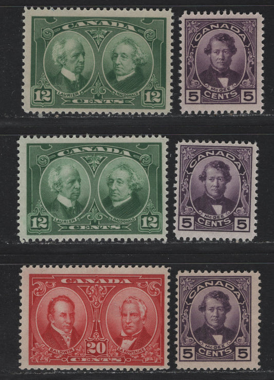 Lot 248 Canada (C) #146-148 5c - 20c Deep Purple - Carmine Red , 1927 Historical Issue, 6 FOG Singles, Unchecked As To Specific Paper Types, Includes 3 variations of the 5c & 12c Which Differ Either With Respect To Shade Or Paper Type