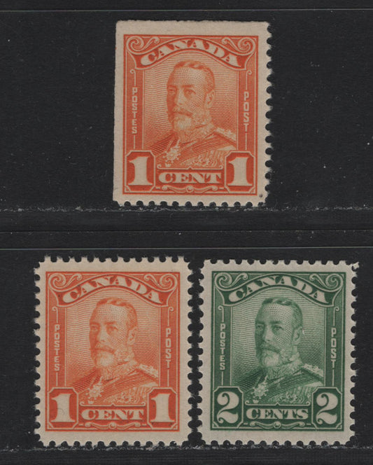 Lot 249 Canada (C) #149-150 1c - 2c Orange - Green , 1928-1929 KGV Scroll Issue, 3 VFNH Singles, ABN-M Paper, Bright Orange Stamp Being An UL Corner Sheet Margin Single