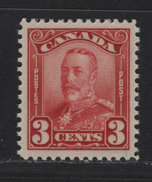 Lot 250 Canada (C) #151 3c Deep Carmine Red , 1928-1929 KGV Scroll Issue, A XFNH Single, ABN-M Paper, Nearly Perfectly Centered Example Within Balanced, Opposing Jumbo Sized Margins