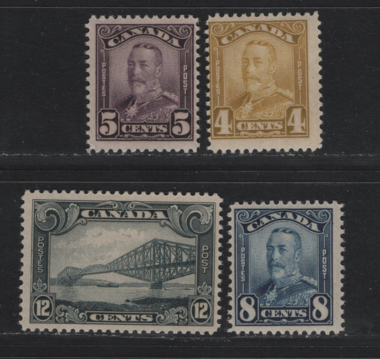 Lot 253 Canada (C) #152-154, 156 4c - 12c Yellow Bistre - Slate , 1928-1929 KGV Scroll Issue, 4 FOG Singles, ABN-XXX, ABN-M, ABN-BBBB & ABN-CCCC Papers