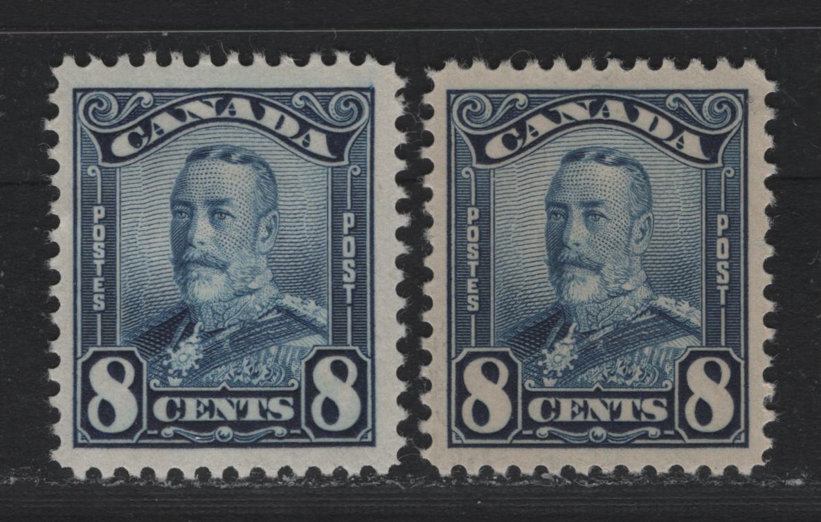 Lot 254 Canada #154 8c Dark Blue & Dark Bright Blue , 1928-1929 KGV Scroll Issue, 2 VFOG Singles, ABN-M Paper