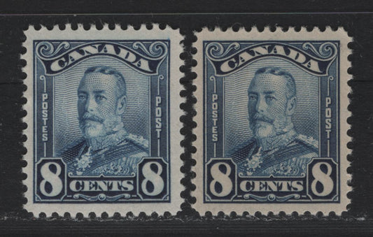 Lot 254 Canada #154 8c Dark Blue & Dark Bright Blue , 1928-1929 KGV Scroll Issue, 2 VFOG Singles, ABN-M Paper