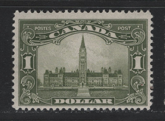 Lot 259 Canada #159 $1 Olive Green , 1928-1929 KGV Scroll Issue, A FOG Single, ABN-IIIII Paper