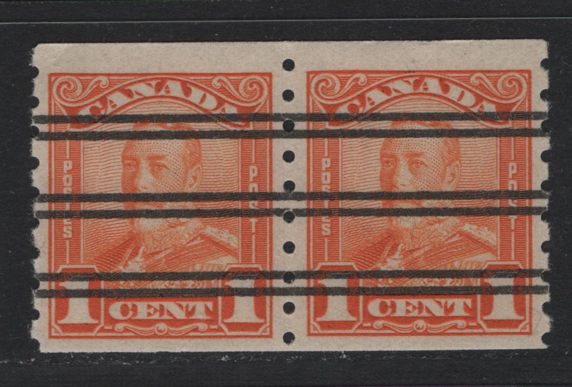 Lot 260 Canada #160xx 1c Orange , 1929 KGV Scroll Coil Issue, A F/VFNH Precanceled Coil Pair, ABN-OOOO Paper, Light Corner Bend On Left Stamp
