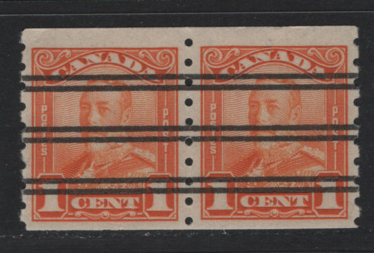 Lot 260 Canada #160xx 1c Orange , 1929 KGV Scroll Coil Issue, A F/VFNH Precanceled Coil Pair, ABN-OOOO Paper, Light Corner Bend On Left Stamp