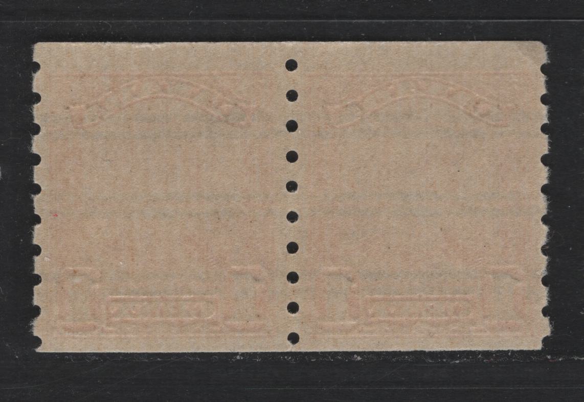 Lot 260 Canada #160xx 1c Orange , 1929 KGV Scroll Coil Issue, A F/VFNH Precanceled Coil Pair, ABN-OOOO Paper, Light Corner Bend On Left Stamp