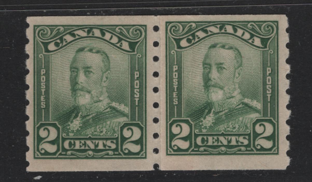 Lot 263 Canada #161i 2c Green , 1929 KGV Scroll Coil Issue, A VFOG Paste-Up Coil Pair, ABN-OOOO Paper