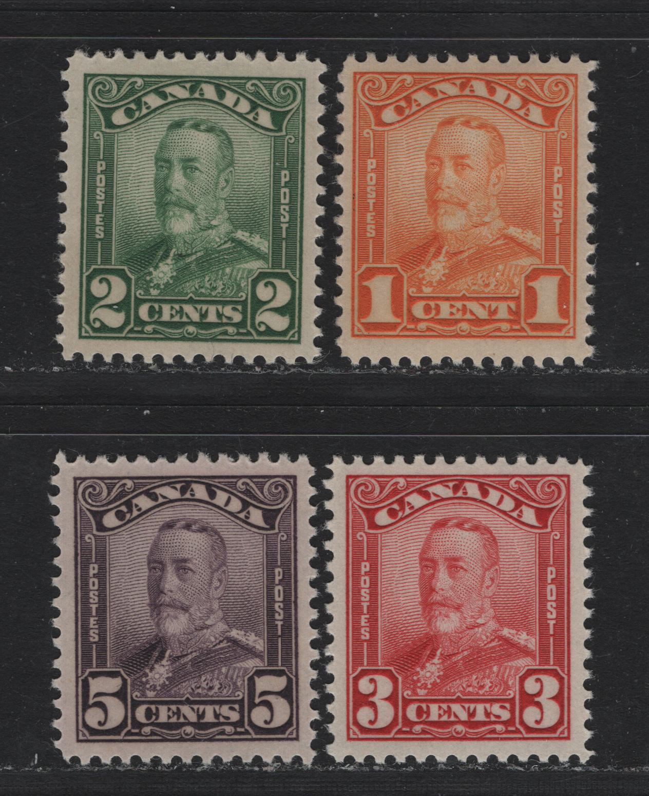 Lot 265 Canada #149-151, 153 1c - 5c Orange - Deep Dull Milky Violet , 1928-1929 KGV Scroll Issue, 4 VF/SUPOG Singles, ABN-M Paper, 5c is Almost Perfectly Centered