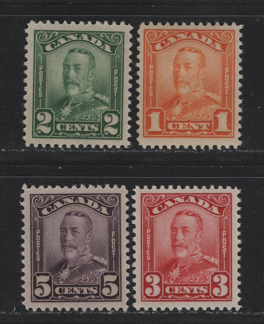 Lot 265 Canada #149-151, 153 1c - 5c Orange - Deep Dull Milky Violet , 1928-1929 KGV Scroll Issue, 4 VF/SUPOG Singles, ABN-M Paper, 5c is Almost Perfectly Centered
