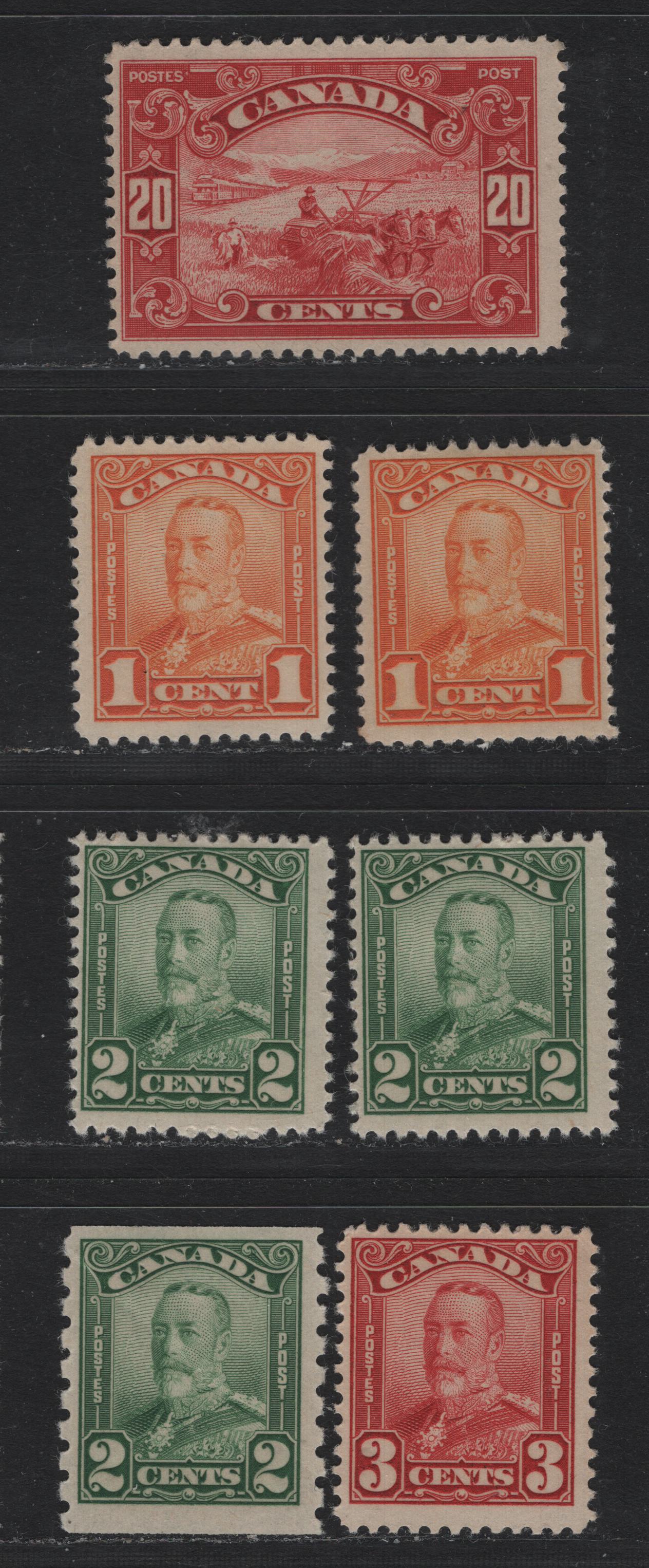 Lot 266 Canada #149-151, 157, 161 1c - 20c 1c - 20c Orange - Carmine, 1928-1929 KGV Scroll & Coil Issues, 7 VG/FOG Singles, Unchecked As To Specific Paper Types, 2c Coil Is ABN-OOOO Though & Has Light Diagonal Crease