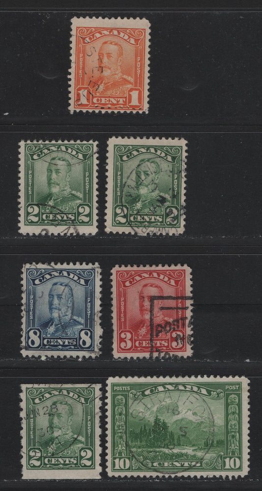 Lot 268 Canada #149-151, 154-155, 161 1c - 10c Orange - Green , 1928-1929 KGV Scroll & Coil Issues, 7 Fine Used Singles, Unchecked As To Specific Paper Types