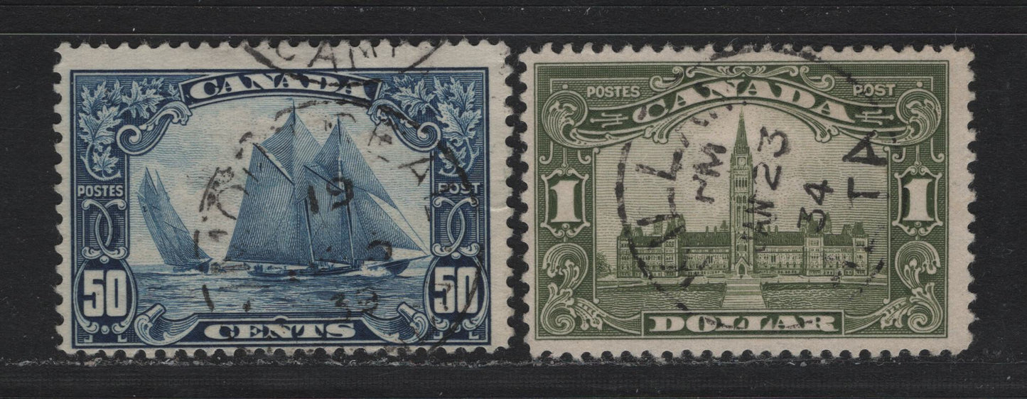 Lot 270 Canada #158-159 50c - $1 Dark Blue - Olive Green , 1928-1929 KGV Scroll Issue, 2 Fine Used Singles, ABN-Q & ABN-M Papers