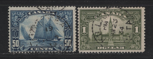 Lot 270 Canada #158-159 50c - $1 Dark Blue - Olive Green , 1928-1929 KGV Scroll Issue, 2 Fine Used Singles, ABN-Q & ABN-M Papers