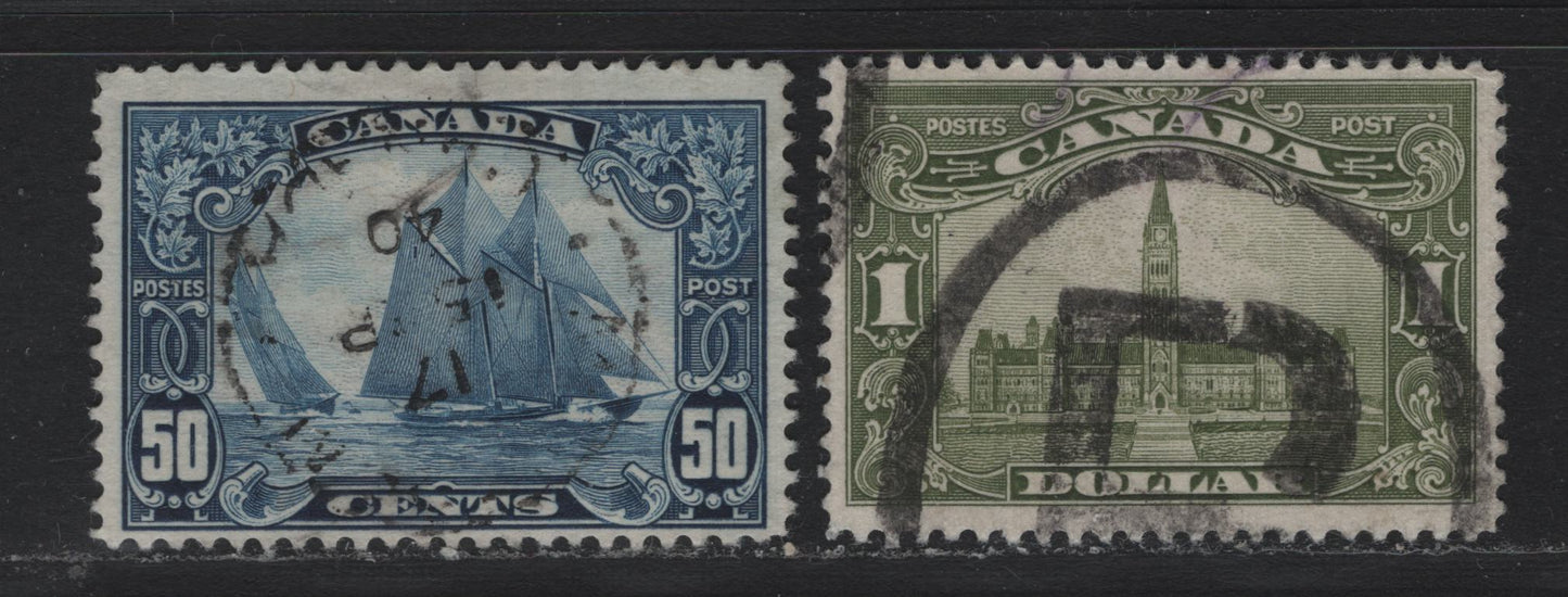 Lot 271 Canada #158-159 50c - $1 Dark Blue - Olive Green , 1928-1929 KGV Scroll Issue, 2 Fine Used Singles, ABN-Q & ABN-M Papers