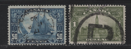 Lot 271 Canada #158-159 50c - $1 Dark Blue - Olive Green , 1928-1929 KGV Scroll Issue, 2 Fine Used Singles, ABN-Q & ABN-M Papers