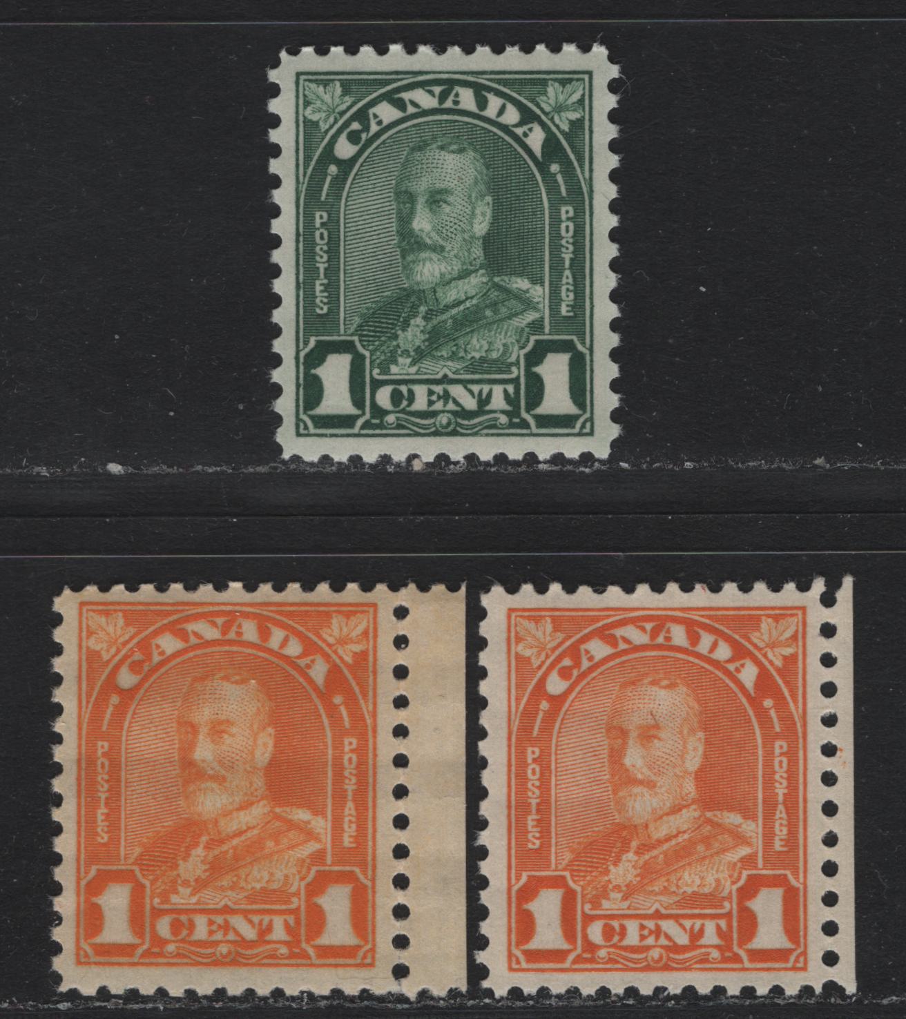 Lot 273 Canada (C) #162, 163b 1c Orange - Deep Green , 1930-1931 KGV Arch/Leaf Issue, 3 VFNH Singles, BABN-N Papers, Perf 11.1x10.9, Die 1.