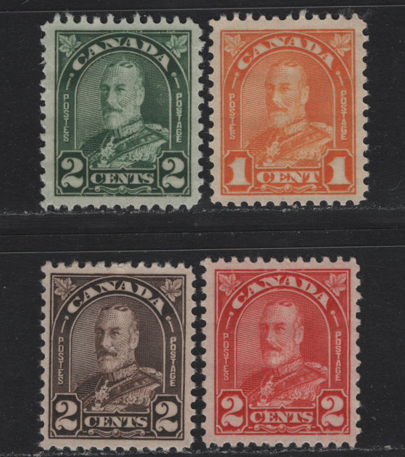 Lot 274 Canada #162, 164-165, 166b 1c - 2c Orange - Dark Brown , 1930-1931 KGV Arch/Leaf Issue, 4 VFOG/NH Singles, Die 1, Very Well Centered Examples, Unchecked As To Specific Paper Type Or Perf, 1c Is NH.