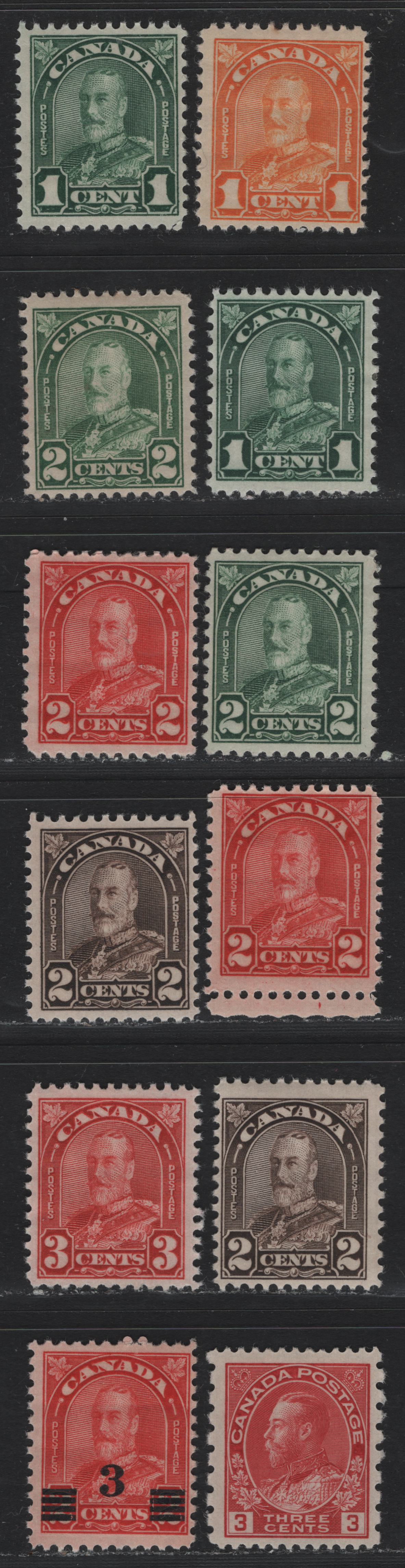Lot 276 Canada (C) #162-163,b, 164-166, 166b, 167, 184, 191 1c - 3c on 2c Orange - Scarlet , 1930-1932 KGV Arch/Leaf - Provisional Issues, 12 FOG Singles, Dies 1 & 2 Of 1c Green, 2 Shades Of 2c Green, Two Die 2 Dark Brown & 2 Of The Die 1 2c Scarlet