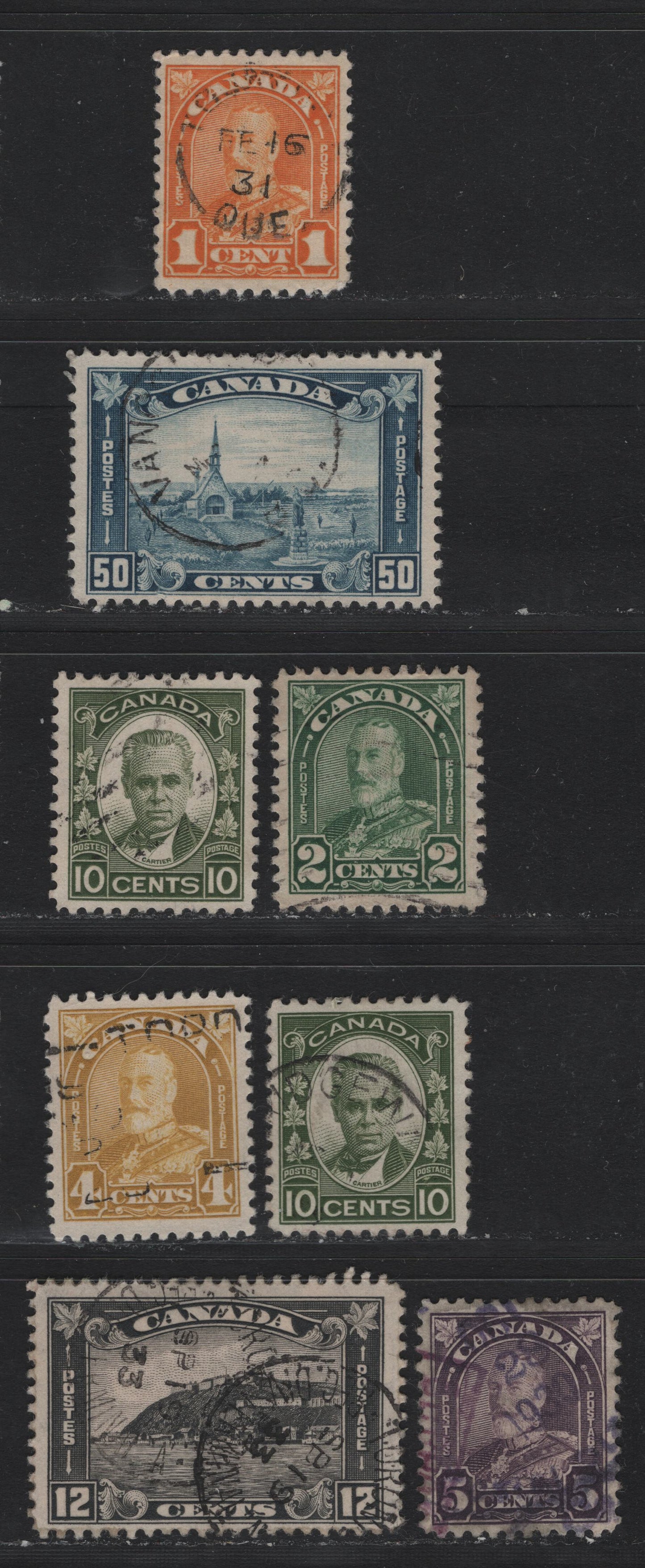 Lot 277 Canada #162, 164, 168, 169, 174, 176 1c - 50c Orange - Greenish Blue , 1930-1931 KGV Arch/Leaf Issue, 8 Fine/Very Fine Used Singles, Predominatly VF Used Selection, Unchecked As To Specific Paper & Perf Types, Includes 2 Shades Of 10c Cartier.