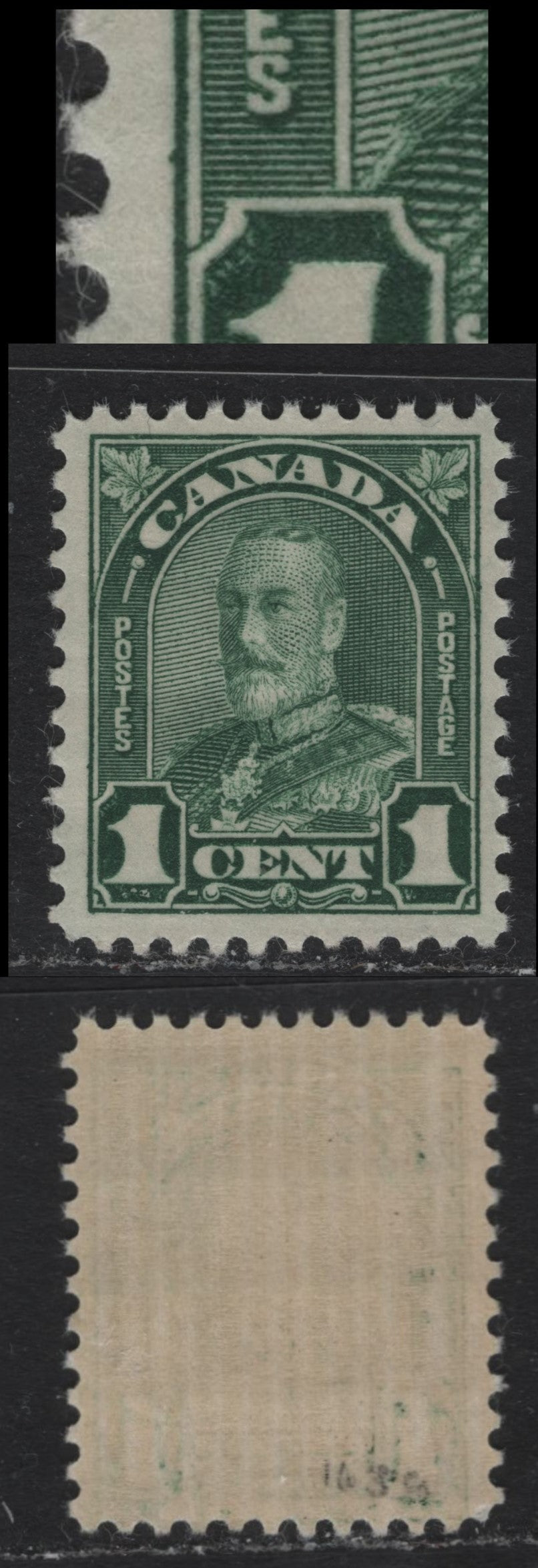 Lot 278 Canada #163bvar 1c Deep Green , 1930-1931 KGV Arch/Leaf Issue, A VFOG/NH Single, Die 1, BABN-E Paper, Showing Very Slight Doubling Of The Upper Left Corner Of Left Numeral Box, Perf 11x10.9, Unlisted In Unitrade.