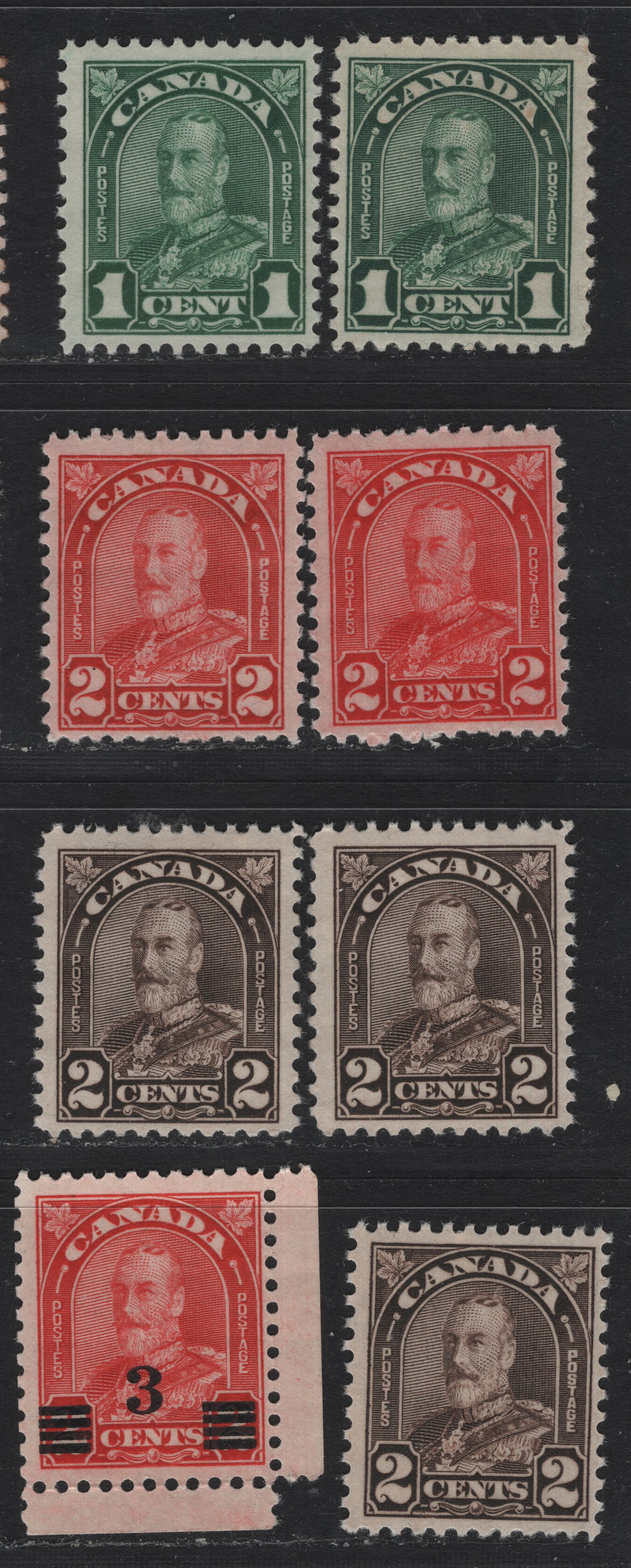 Lot 281 Canada (C) #163,b, 165,a, 166,b, 191 1c - 3c on 2c Myrtle Green - Scarlet , 1930-1932 KGV Arch/Leaf - Provisional Issues, 8 FNH Singles, Unchecked As to Specific Paper & Perfs