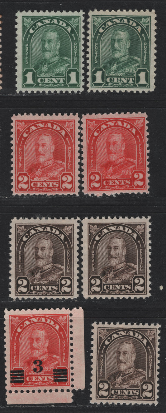 Lot 281 Canada (C) #163,b, 165,a, 166,b, 191 1c - 3c on 2c Myrtle Green - Scarlet , 1930-1932 KGV Arch/Leaf - Provisional Issues, 8 FNH Singles, Unchecked As to Specific Paper & Perfs