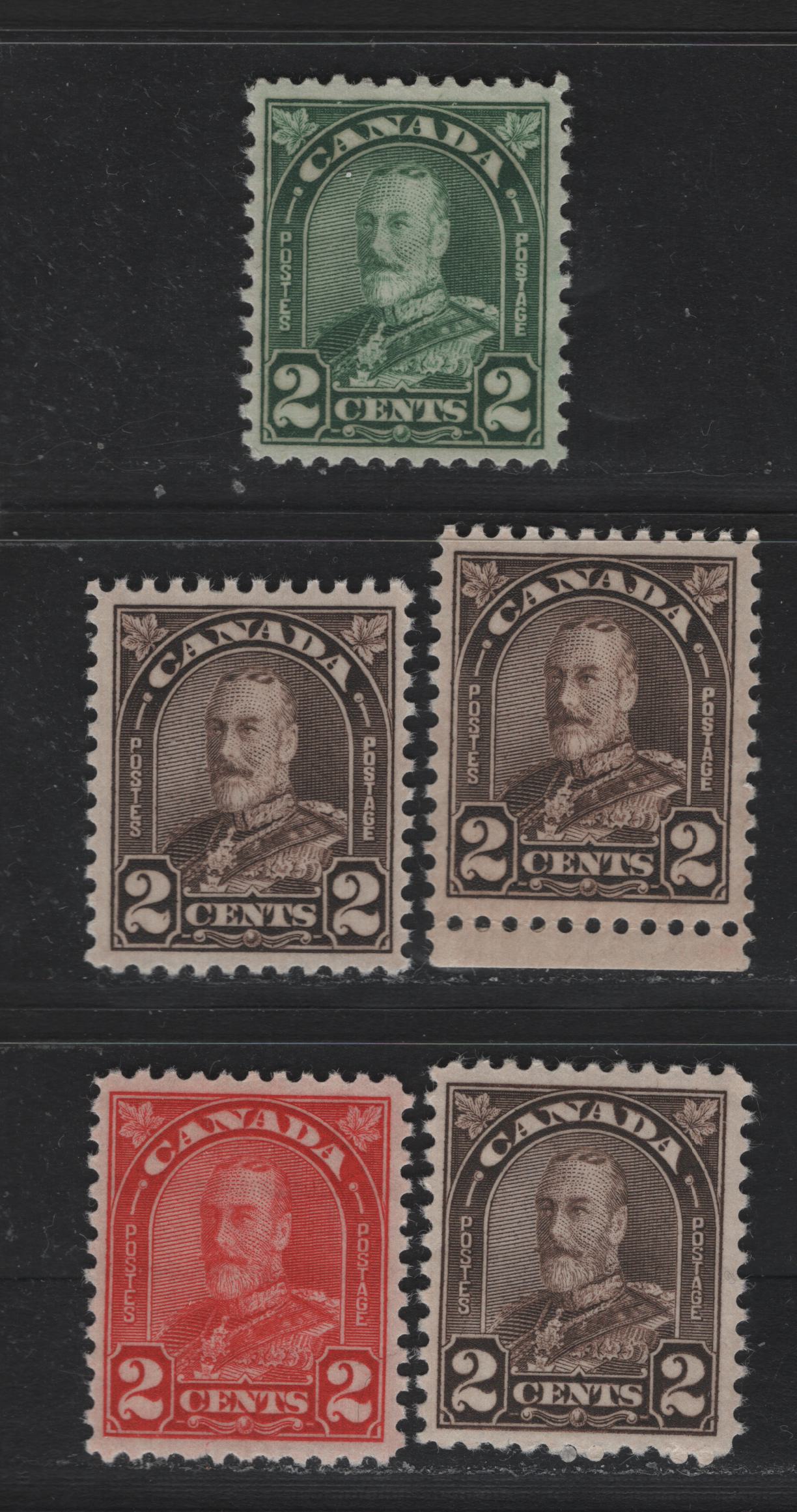 Lot 282 Canada (C) #164, 165a, 166,b 2c Green - Dark Brown , 1930-1931 KGV Arch/Leaf Issue, 5 VFNH Singles, 2c Scarlet Die 2, 2c Brown Die 1 & 2, Two Very Slightly Different Shades Of The 2c Dark Brown Die 1, Perf 11.1x10.9.