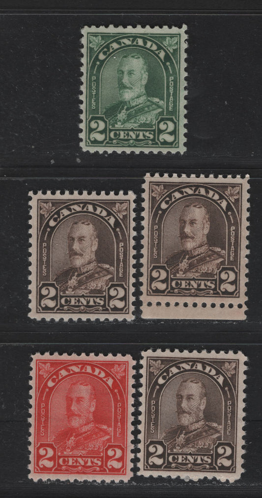 Lot 282 Canada (C) #164, 165a, 166,b 2c Green - Dark Brown , 1930-1931 KGV Arch/Leaf Issue, 5 VFNH Singles, 2c Scarlet Die 2, 2c Brown Die 1 & 2, Two Very Slightly Different Shades Of The 2c Dark Brown Die 1, Perf 11.1x10.9.