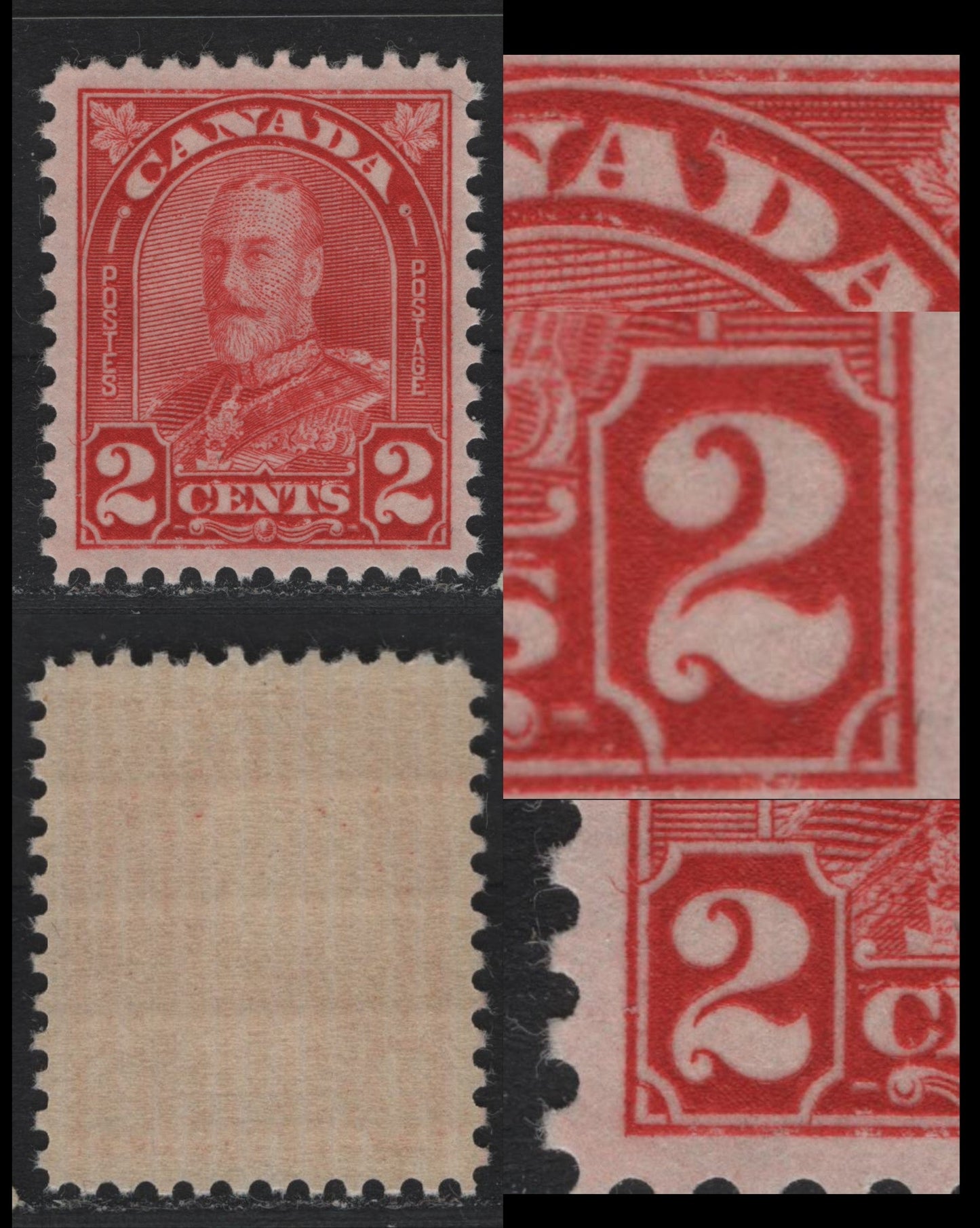 Lot 284 Canada #165a 2c Deep Bright Red , 1930-1931 KGV Arch/Leaf Issue, A VFNH Single, BABN-M Paper, Die 2, Perf 11.1x10.8, Showing Traces of Re-Entry In The D of Canada & Both 2's.