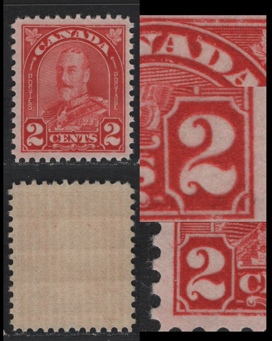 Lot 284 Canada #165a 2c Deep Bright Red , 1930-1931 KGV Arch/Leaf Issue, A VFNH Single, BABN-M Paper, Die 2, Perf 11.1x10.8, Showing Traces of Re-Entry In The D of Canada & Both 2's.