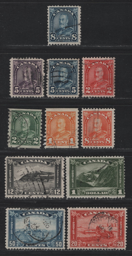Lot 285 Canada #165, 196a, 170-172, 174-178, 180 2c - $1 Scarlet - Bronze Green , 1930-1931 KGV Arch/Leaf Issue, 11 Fine/Very Fine Used Singles, Unchecked As To Specific Paper & Perfs