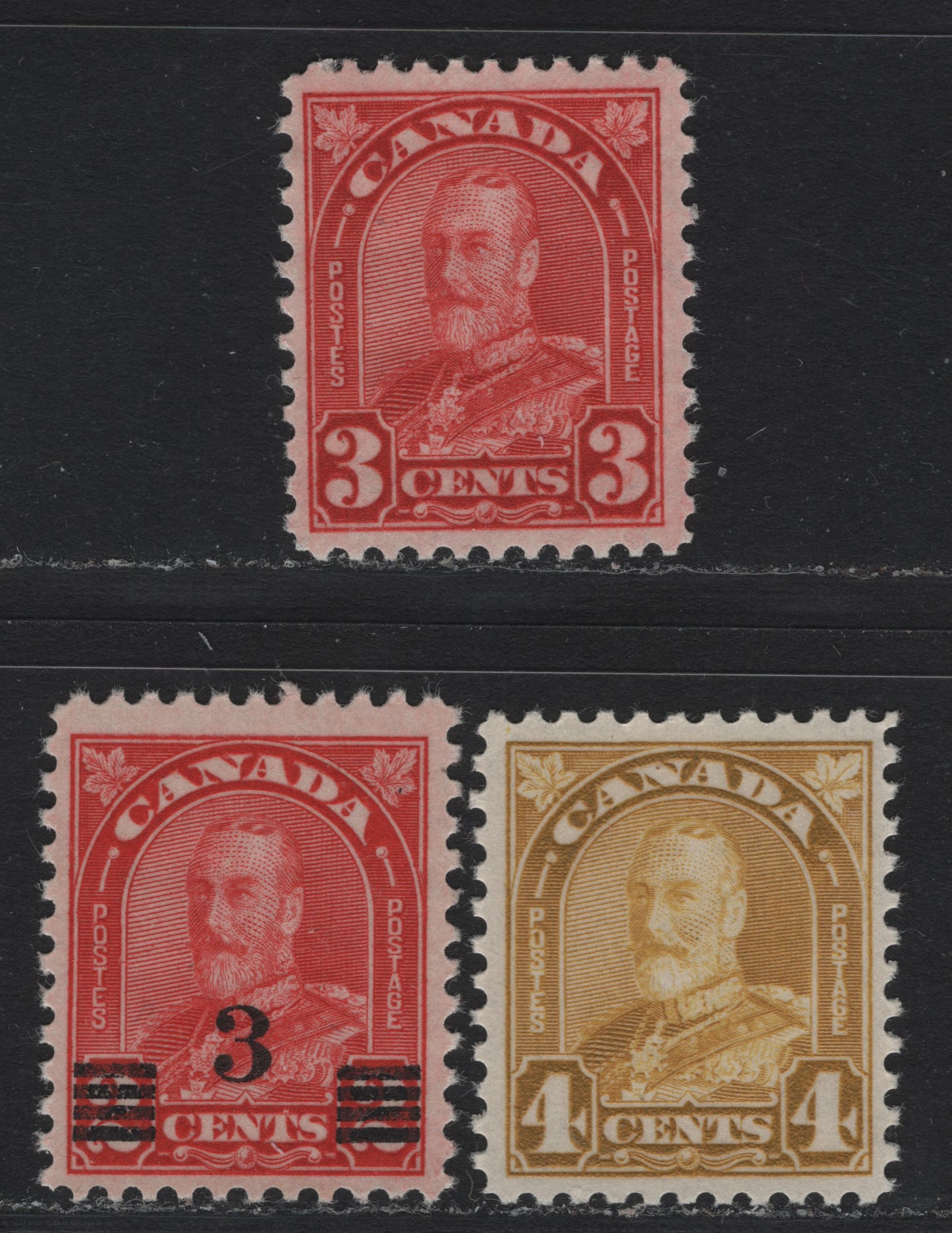 Lot 288 Canada #167-168, 191 3c - 4c Deep Scarlet - Yellow Bistre , 1930-1932 KGV Arch/Leaf - Provisional Issues, 3 VFNH Singles, 3c on 2c Is Die 2, Various Papers & Perfs