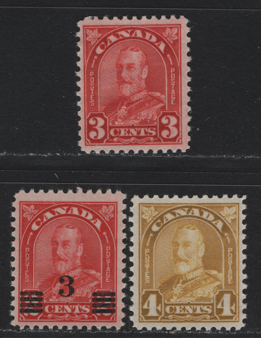Lot 288 Canada #167-168, 191 3c - 4c Deep Scarlet - Yellow Bistre , 1930-1932 KGV Arch/Leaf - Provisional Issues, 3 VFNH Singles, 3c on 2c Is Die 2, Various Papers & Perfs
