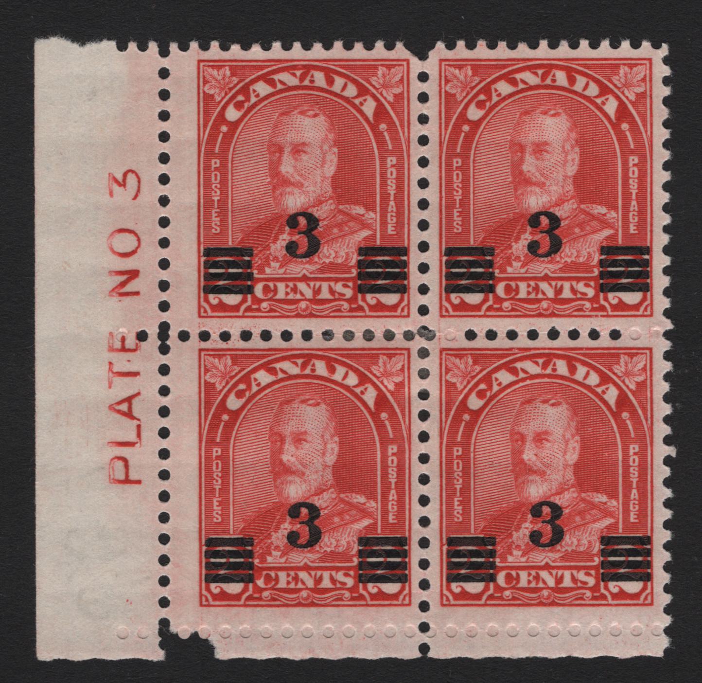 Lot 289 Canada (C) #191a 3c on 2c Scarlet Red , 1932 KGV Arch/Leaf Provisional Issue, A VFOG LL Block Of 4, BABN-N Paper, Perf 11x10.8