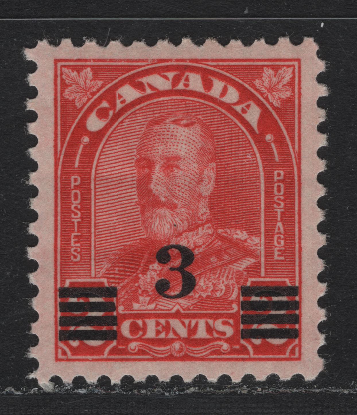 Lot 290 Canada #191 3c on 2c Scarlet , 1932 KGV Arch/Leaf Provisional Issue, An XFOG Single, Jumbo Margins & Perfectly Centered, BABN-O Paper, Perf 11.1x10.8.