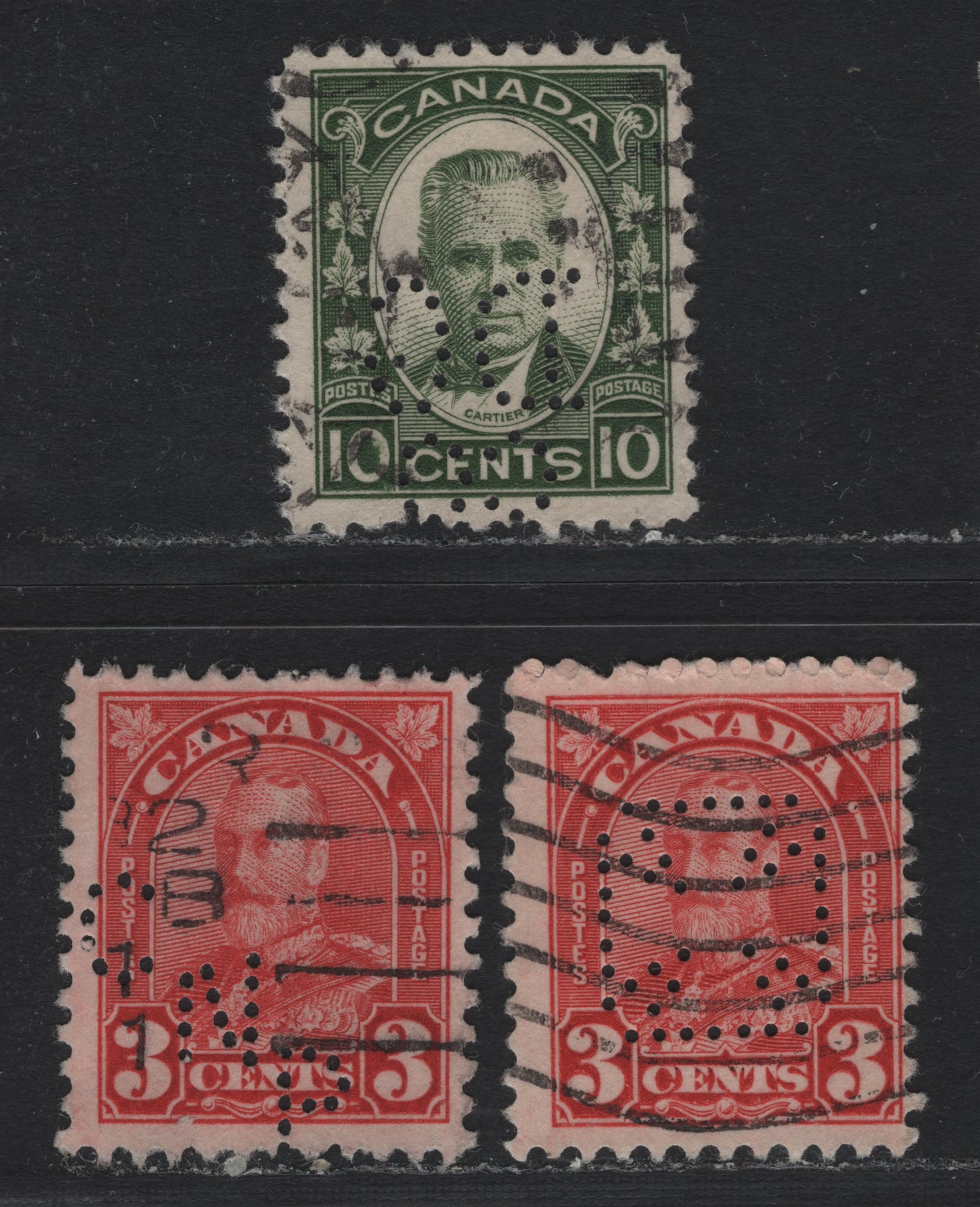 Lot 292 Canada #167, 190 3c - 10c Scarlet - Bronze Green , 1930-1931 KGV Arch/Leaf Issue, 2 Fine Used Singles, Dominion Glass CO LTD, Canada National Railway & Gutta Percha & Rubber Ltd, Pos. 1 (3c) & 5 (10c)