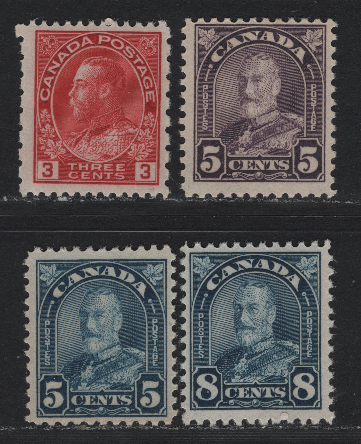 Lot 293 Canada #169a, 170, 179, 184 5c - 3c Dull Violet - Carmine , 1930-1931 KGV Arch/Leaf - Provisional Issues, 4 FNH Singles, Unchecked As To Specific Paper & Perfs