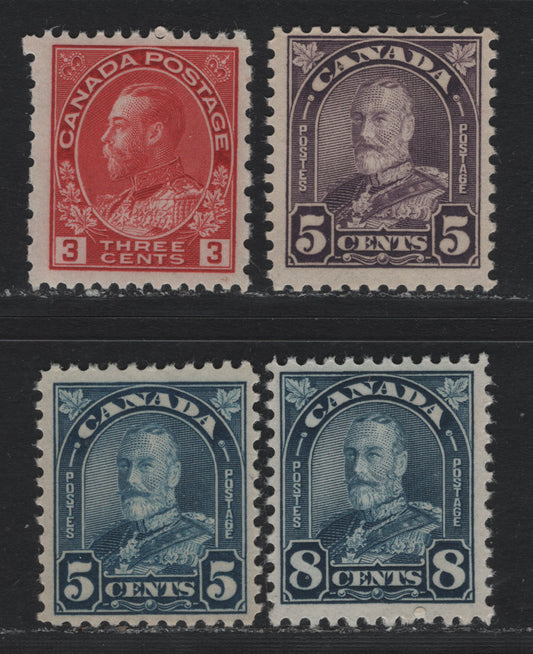 Lot 293 Canada #169a, 170, 179, 184 5c - 3c Dull Violet - Carmine , 1930-1931 KGV Arch/Leaf - Provisional Issues, 4 FNH Singles, Unchecked As To Specific Paper & Perfs