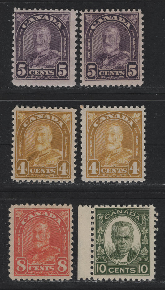 Lot 296 Canada #167, 169, 172, 190 4c - 10c Bistre Yellow - Deep Olive Green , 1930-1931 KGV Arch/Leaf - George Etienne Issues, 6 FNH Singles, Unchecked As To Specific Paper & Perfs